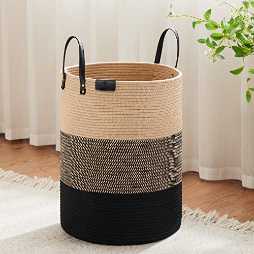 Image of VIPOSCO Tall Laundry Basket, Large Dirty Clothes Hamper with Leather Handle, Woven Rope Storage Basket for Blanket, Toy In Living Room, Bathroom, Bedroom - 58L Brown & Black