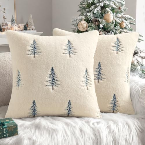 Image of MIULEE Christmas Decorative Faux Fur Pillow Covers 18x18 Inch Beige Blue | Set of 2, Embroidered Christmas Tree Throw Pillows, Winter Couch Covers, Festive Home Decor for Sofa Bedroom Living Room