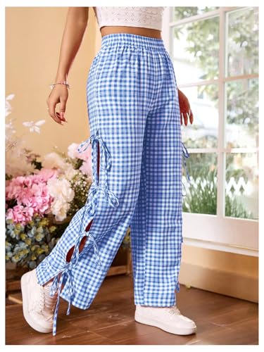 Floerns Women's Gingham Print Elastic Waist Slit Tie Sides Straight Leg Pants4