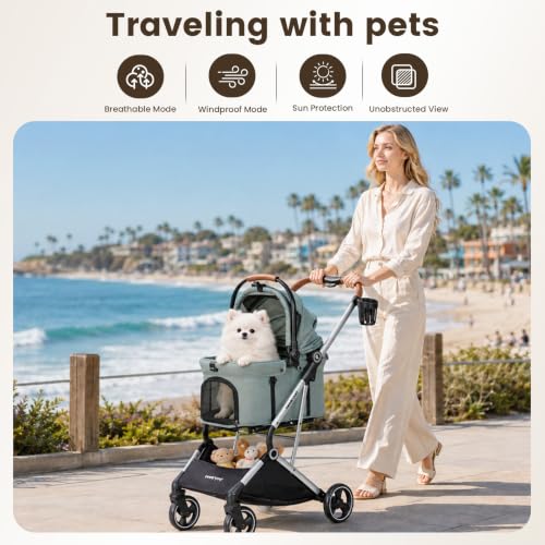Image of T3 Pro Small Dog Stroller (Green) | Detachable Carrier, 3-in-1 Stroller, Lightweight, Breathable Mesh Fabric, One-Button Braking, Easy to fold, Adjustment Canopy