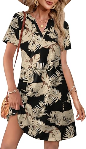 Image of WIHOLL Summer Dresses for Women Casual V Neck Wedding Guest Dress Hawaiian Midi Dress Fashion Beach Vacation Clothes