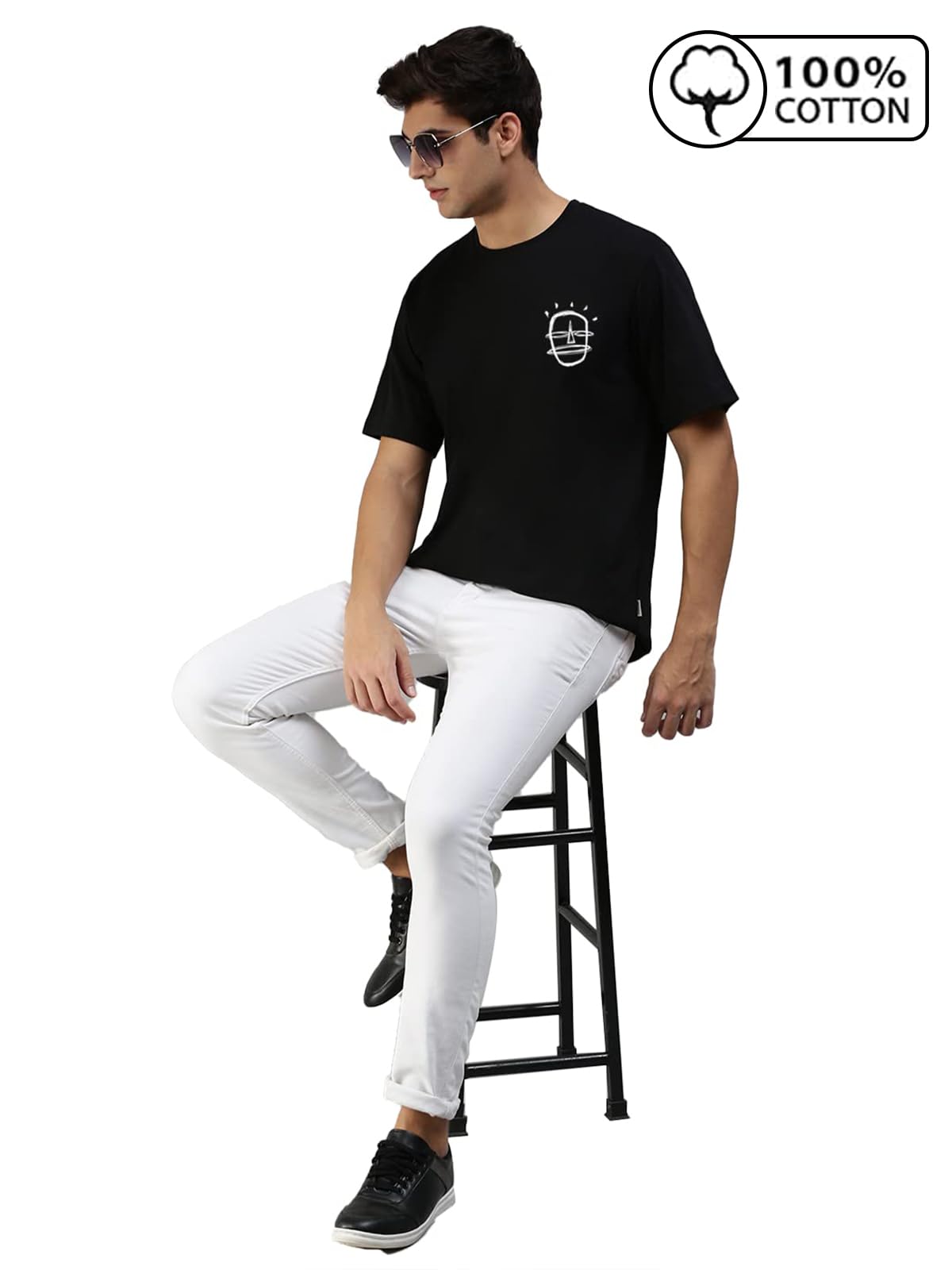 Veirdo T-shirt nera girocollo in puro cotone oversize vestibilità ampia cool ed estetica I'm Happy Guy Back stampata per uomo/ragazzi (disponibile nella S alla XXL)