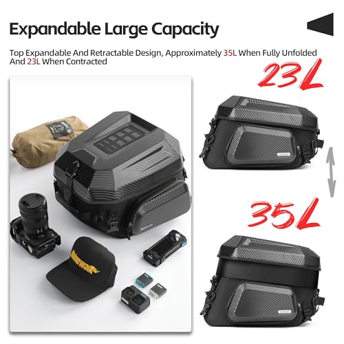 Alforja trasera rígida para motocicleta Rhinowalk, impermeable, 23–35 L, con compartimento para casco y correa desmontable para mochila miniatura 4