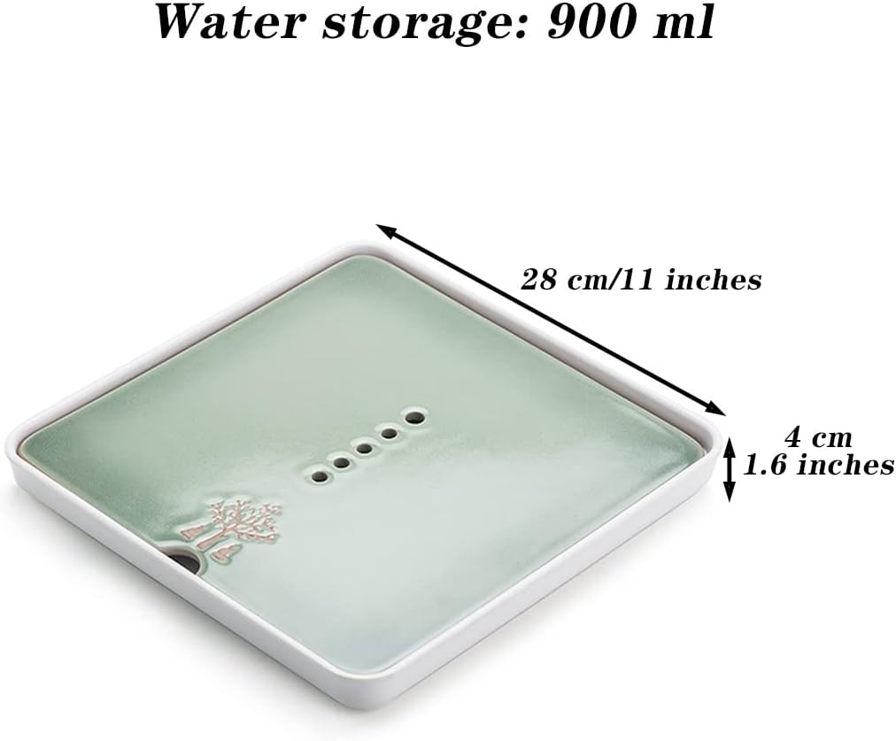 Ceramic Tea Tray, Tasteful Bamboo Chinese Gongfu Tea Table Mini Square Kongfu Tea Plate with Water Storage Function for Home Office Teahouse(28 * 28 * 4cm)