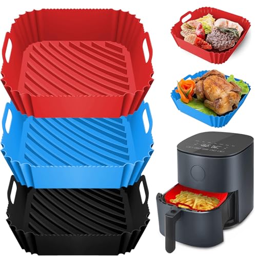 OAWEEN 3 Pcs Silicone Air Fryer Liners Reusable Square 8.6 Inch Thickened Airfryer Basket for 4 to 7...
