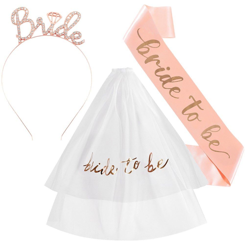 Lamdbao Sash and Veil with Tiara Bride Headband Hen Party Accessories Set for Bachelorette Party, Bridal Shower and Wedding Supplies