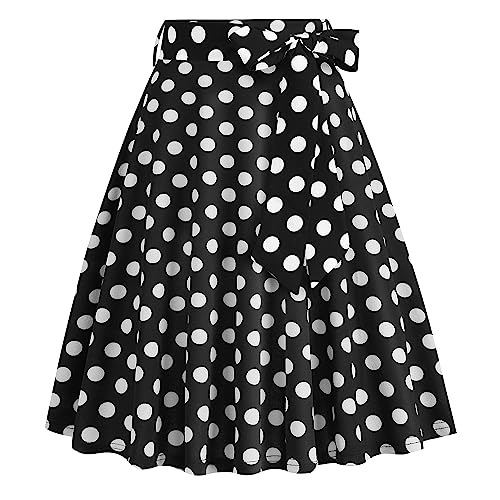 Faldas Mujer Verano Vestido Años 50 Lunares o Floral Cintura Alta Una Línea Rodilla Longitud Swing Midi Falda con Cinturón Cóctel Fiesta Swing Dress Falda Vintage Acampanada de Mujer Negro 1 S