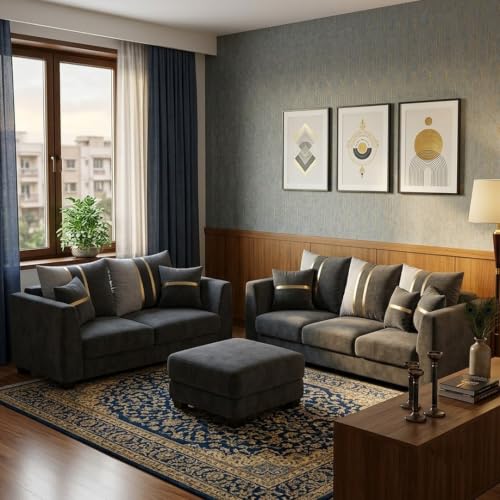 Image of Vero Plush Comfort Sofa Set | 3 Seater + 2 Seater with Ottoman | Luxury Velvet Suede Fabric | Modern Living Room Sofa | Dark Gray