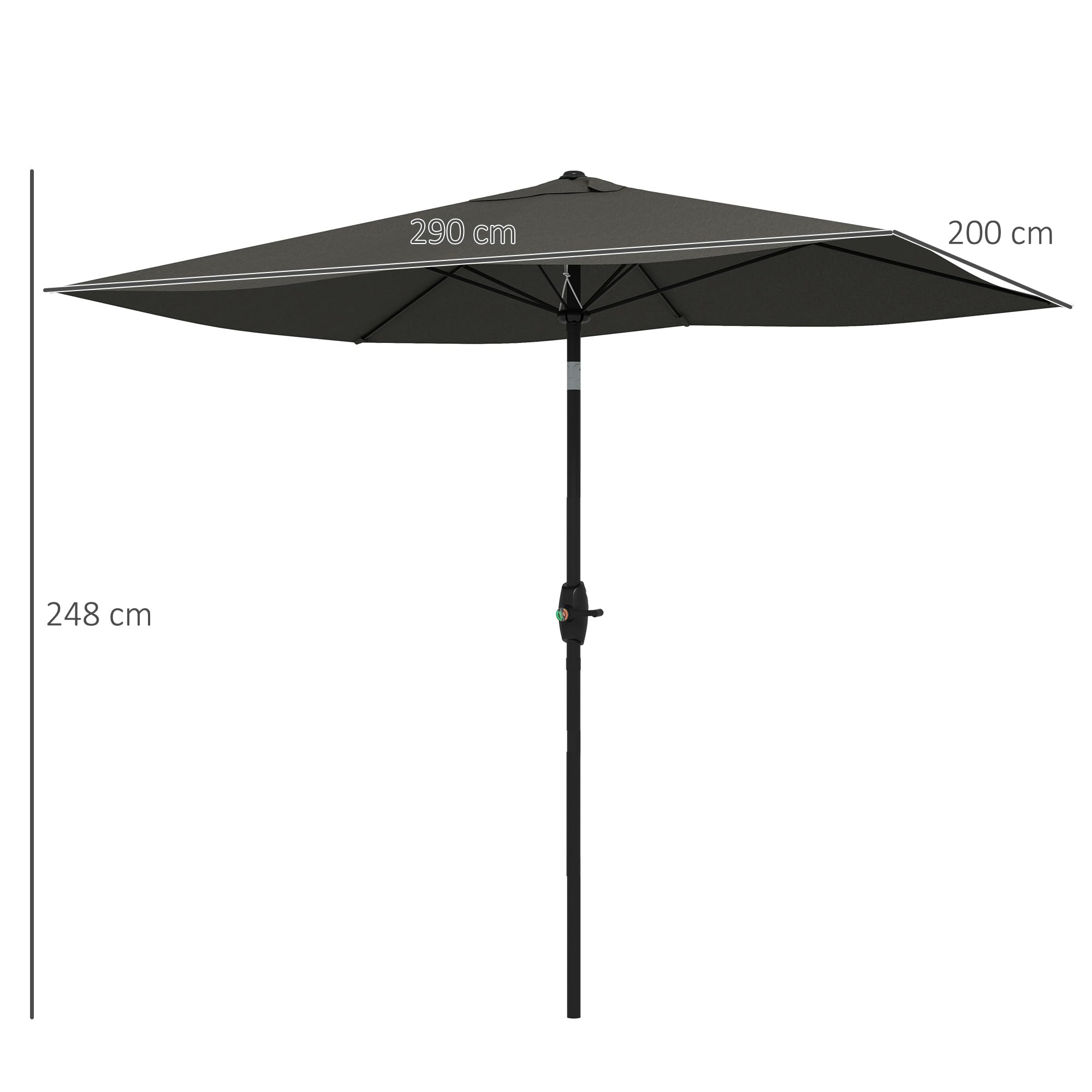 Outsunny Parasol de jardin Parasol droit rectangulaire inclinable 2 x 3 m avec manivelle toile polyester imperméabilisée haute densité 180 g/m² gris foncé