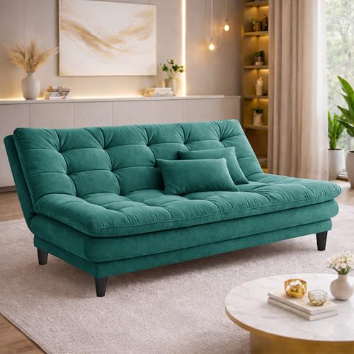 Image of Modern 3 Seater Sofa Cum Bed | Tufted Backrest | Velevt Fabric Upholstery | Living Room Furniture-Green
