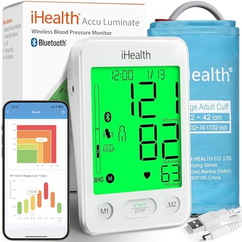 iHealth Accu Luminate Blood Pressure Monitor &ndash; 4.5' Tri-Color WHO-Based LCD(White), Clinically...