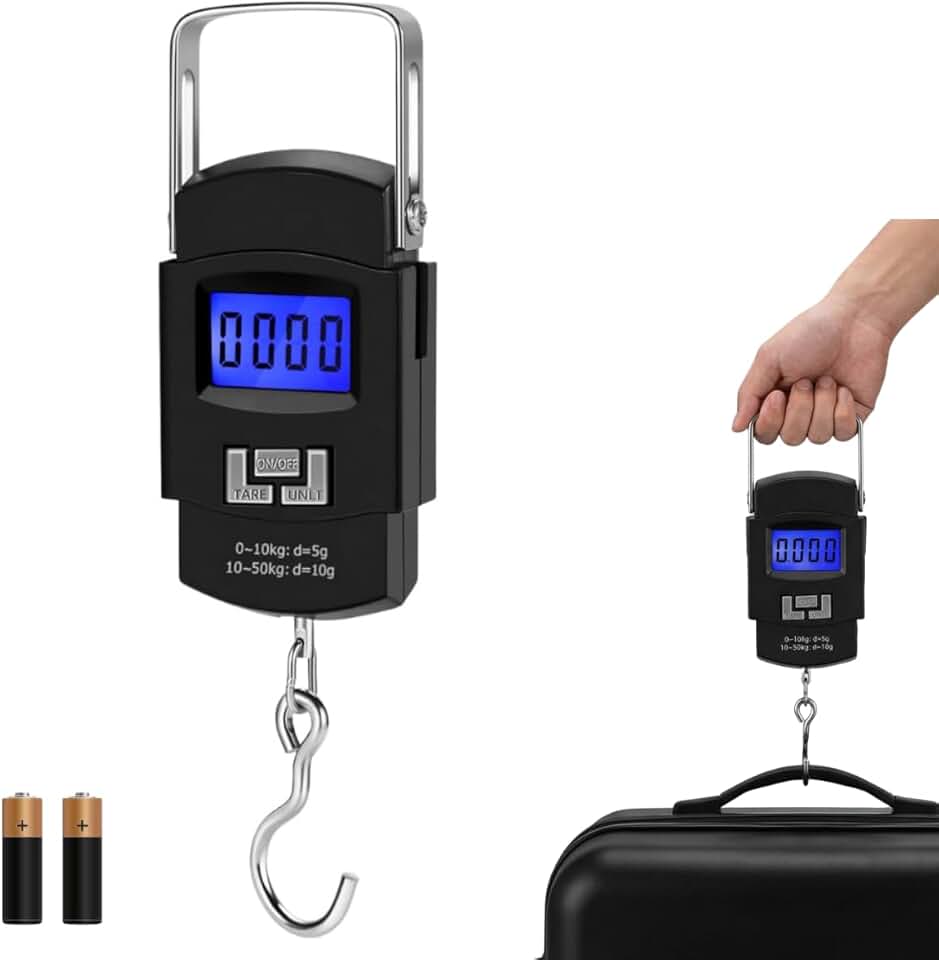Balança Digital Portátil Bagagem 50Kg Pilhas Inclusas Visor LCD Alça Reforçada em Aço Ideal Aeroportos Viagens Malas Bolsas Sacolas Pescaria