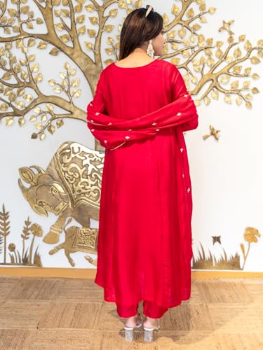 Image of VredeVogel Women's Silk Blend Embroidered Anarkali Kurta with Pant & Dupatta Set | Festive & Casual Women Ethnic Kurta Set for Women
