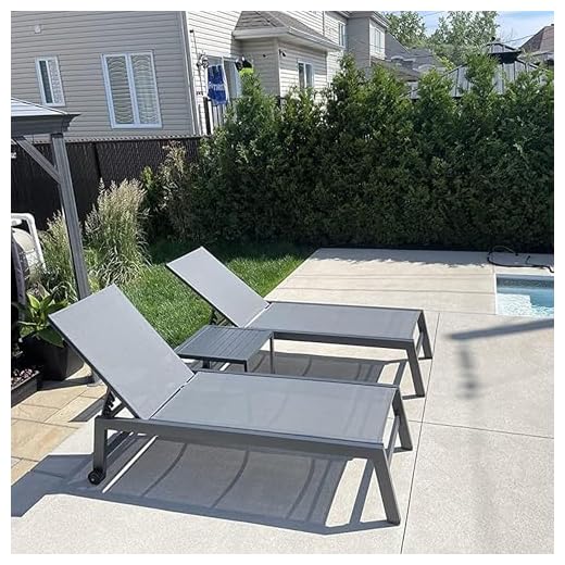 PURPLE LEAF 3-er Set Sonnenliege Aluminium Gartenliege mit Beistelltisch und Kopfkissen, Liegestuhl Garten 4-Fach Verstellbar, Bäderliege, Stapelbar, Bis 150 kg, Grau