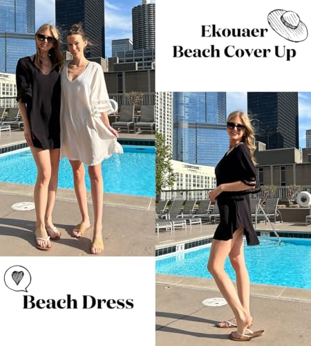 Ekouaer Women's Swimsuit Cover Up 3/4 Bell Sleeve Beachwear Coverups Deep V-Neck Bikini Beach Dress S-3XL2