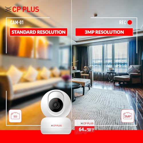 CP PLUS 3MP Full HD Smart Wi-Fi CCTV Home Security Camera | 360° with Pan Tilt | 2 Way Talk | Motion Alert | Night Vision | 64GB Card SD Card in Box (Up to 128 GB) | Alexa & Google Support | CP-E36AM CP PLUS 3MP Full HD Smart Wi-Fi CCTV Home Security Camera | 360° with Pan Tilt | 2 Way Talk | Motion Alert | Night Vision | 64GB Card SD Card in Box (Up to 128 GB) | Alexa & Google Support | CP-E36AM