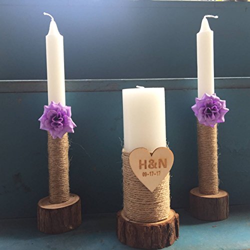 mylifemylove Juego de 3 Velas Personalizadas para Boda, Velas Rústicas, Ceremonia, Vela de Unidad Con Flores Moradas