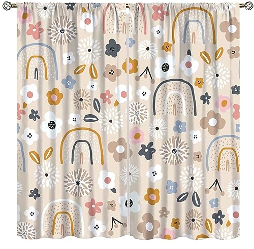Kids Rainbow Curtains Boho Cartoon Colorful Floral Stars for Girls Bedroom Decor Bohemia Love Heart Lovely Abstract Art Printed Living Room Window Drapes Fabric 42W x 45H Inch Decor