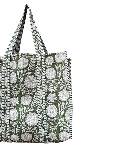 Image of Quilted Cotton Hand printed Reversible Large multicolor cotton Tote Bag,Indian Handmade Block Printed Tote Bag Women Handbag