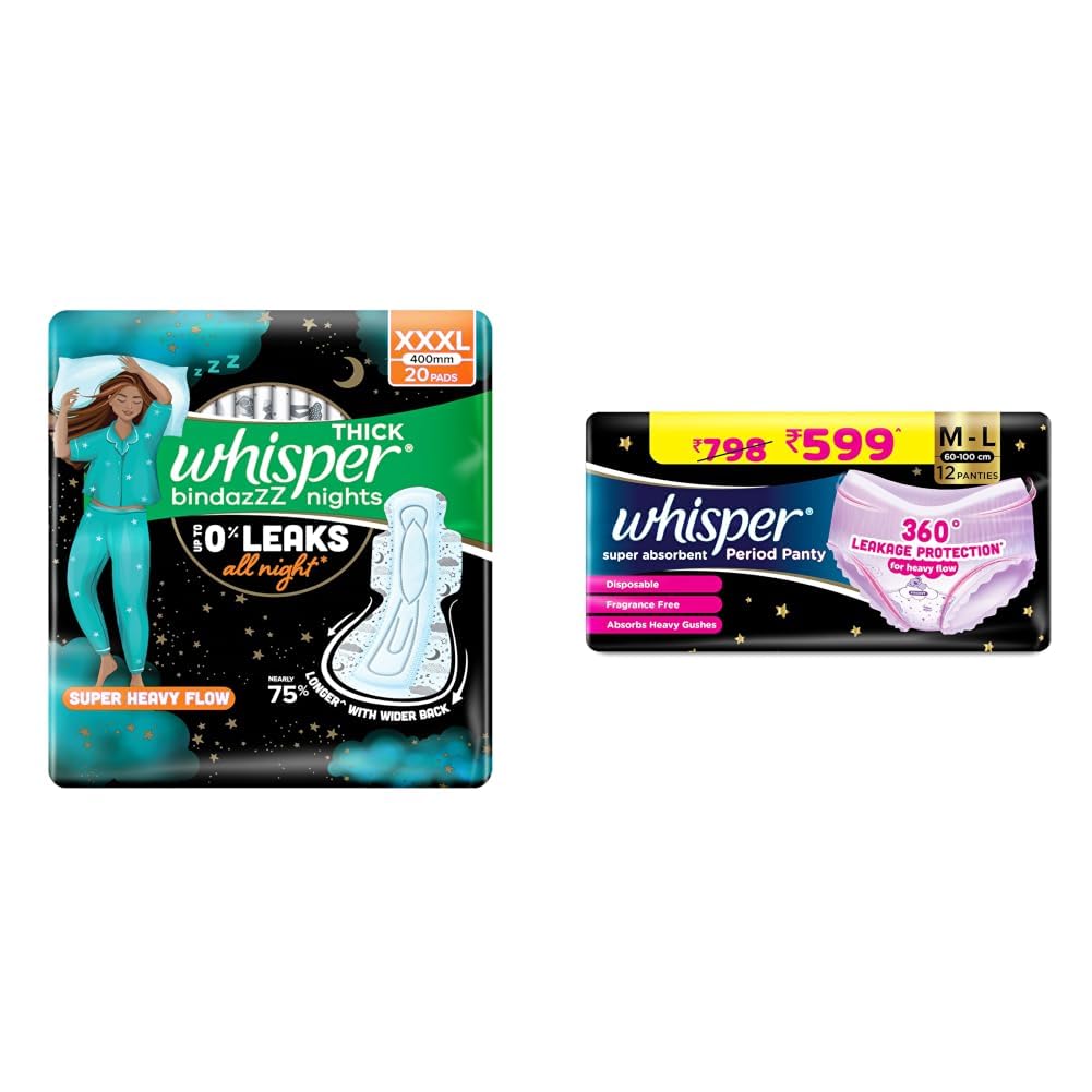 Whisper bindazzz Nights Pads For Women, XXX-Large Pack of 20 pads Scent: unscented & Super Absorbent Period Panty, 12 M-L Pants, 360 Degree Leakage Protection* for Heavy Flow, Panty like Fit, Full-image-40