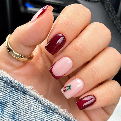 Press on Nails Short Square French Tip Burgundy Red and Nude Pink...
