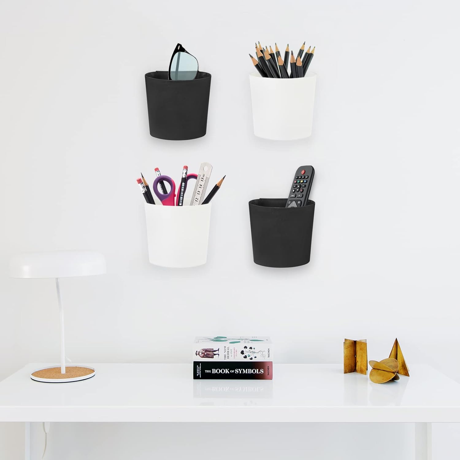 4 Pack Wall Caddy Pen Holders, White & Black Pencil Cups Organizer for Marker/Remote/Crayon/White Board, with Adhesive Stickers, Office Craft Class Kids Room Art Rolling Cart Hanging Cups - Image 6