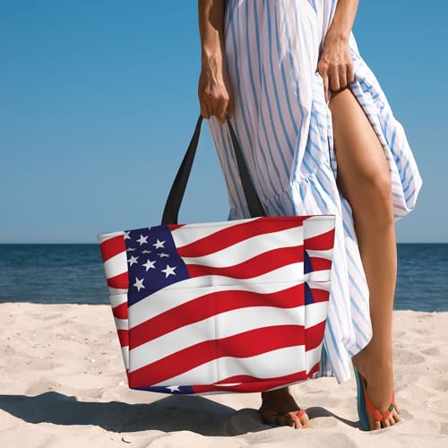 Waving USA Flag Large Beach Tote Bags for Womens Mens Sandproof Swim Pool Bag with Zipper for Travel Vacation4