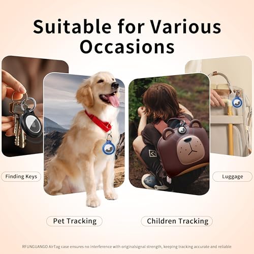 Image of RFUNGUANGO Apple AirTag Holder with Key Ring 4 Pack AirTag Case, Hard Protective AirTag Case for Kid, Pet, Luggage, Backpack, Key - (Black-2P,Blue-2P)