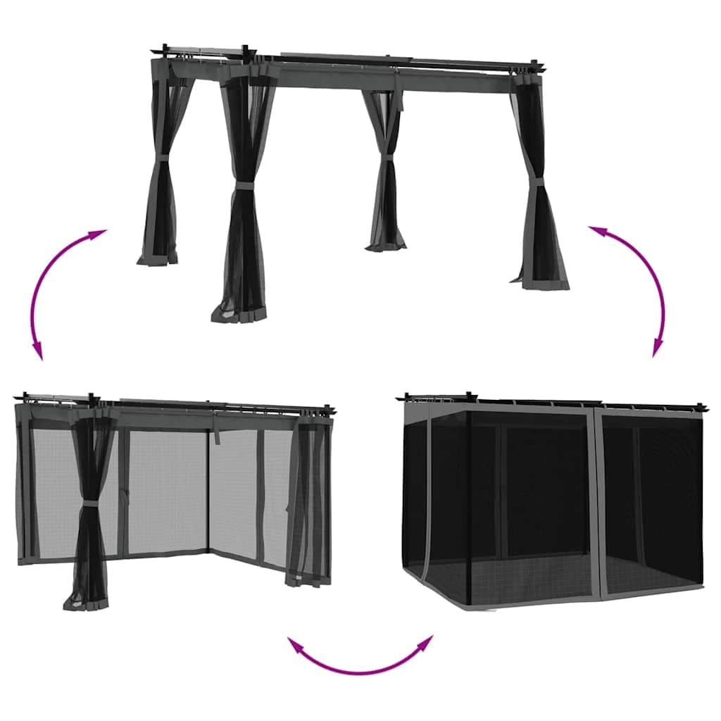 Pawilon ze ścianami z siatki, antracyt, stal 3 x 3 m | Wysuwany dach z poliestru, 4 ściany boczne z zamkiem błyskawicznym, rama aluminiowa i stalowa, 296 x 296 x 230 cm
