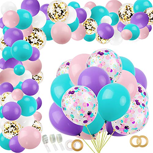 RUBFAC 60pcs 12 Inches Unicorn Mermaid Latex Balloons and 132pcs Mermaid Unicorn Balloon Arch and Garland Kit  for Unicorn Mermaid Party Supplies Birthday Decorations