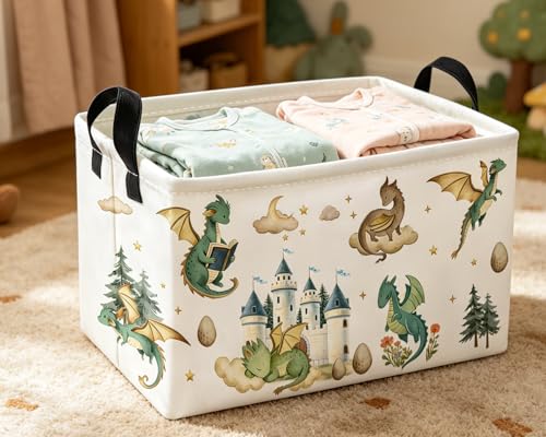 Image of Essme Rectangular Kids Baskets,Dinosaur Storage Box,Cute Basket for Kids with Handles for Room Decor, Book Bins,Shelf Basket.(Castle Dinosaurs