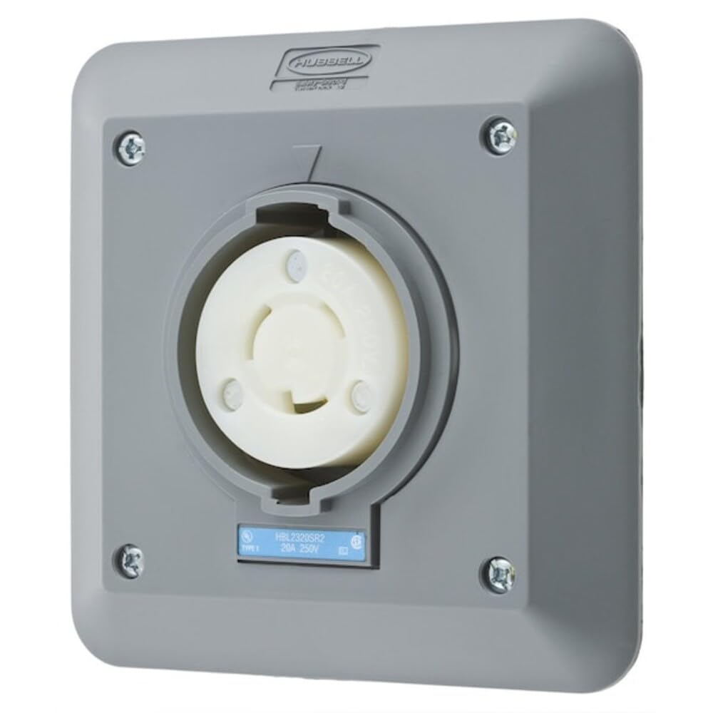 Hubbell HBL2320SR2 Locking Safety Shroud Receptacle, 2 Gang Surface Mount, L6-20R, Gray