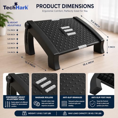 Image of TechHark Adjustable Footrest with Massage Surface, Ergonomic Under Desk Foot Rest for Office and Home, Height Adjustable, Black (6-Month Warranty)