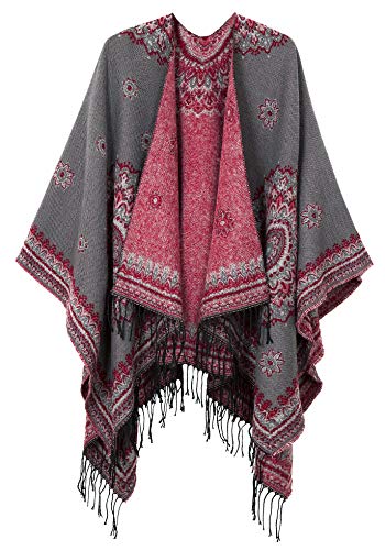 Women's Fashionable Retro Style Vintage Pattern Tassel Poncho Shawl Cape (Series 3-gray)
