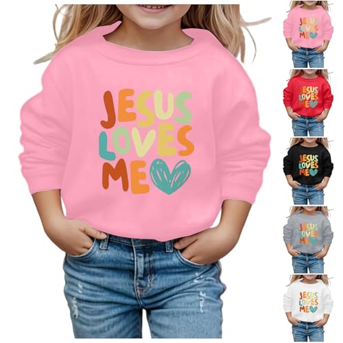 HBDHEJL Jesus Loves Me Girls Christian Sweatshirt Letter Graphic Crewneck Long Sleeve Sweatshirt Fashion Cute Pullover Tops 13-14 Years 01 Pink