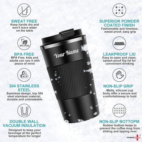 Image of Power Plus Cafe Buddy Stainless Steel Vacuum Coffee Mug with Silicon Grip | Premium Flip Top Locking Cap | Capacity 510ml | 304 Grade Steel | Coffee Mug with Lid for Home & Office (Black)