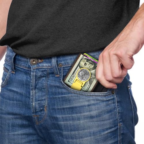 Men's front pocket leather Money Clip Wallet with hinged wallet inlaid with Sterling silver coins Classic minimalist (Dark brown and sterling silver coin 02)2