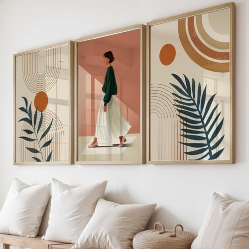 Image of NoWorries Mid-Century Modern Wall Art Framed Painting Set of 3 | Abstract Boho Botanical Artwork Print with Frame | Minimalist Geometric Sun & Leaf Design | Neutral Aesthetic Wall Decor Frames for Living Room, Bedroom, Office (Art-19, 13x19inch, Wooden)