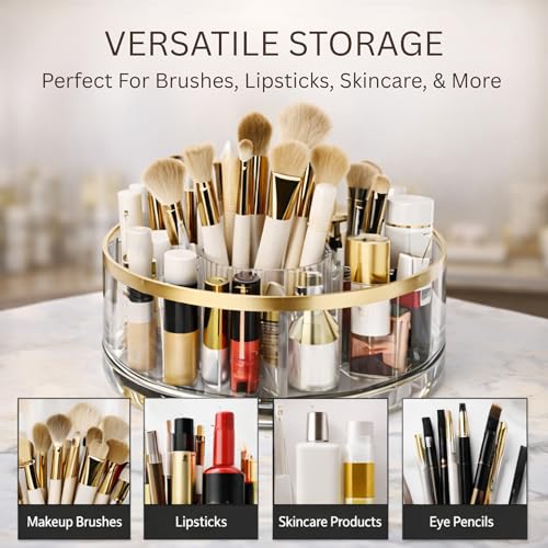 Image of KiZY Luxury 360 Rotating Makeup Brush Holder Organizer | Countertop Organizer Skincare Storage for Vanity, Desktop, Bathroom, Cosmetics | Lipstic, Eyeliners, Perfume Storage. (COMBO-2)