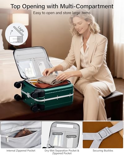 Image of Hanke 16 20 24 26 Inch Carry On Suitcase PC Hardshell Luggage Top Open Aluminum Frame Rolling Suitcases with Wheels Tsa Luggage Travel Luggage for Womem Men, Dark Green, 16 Inch