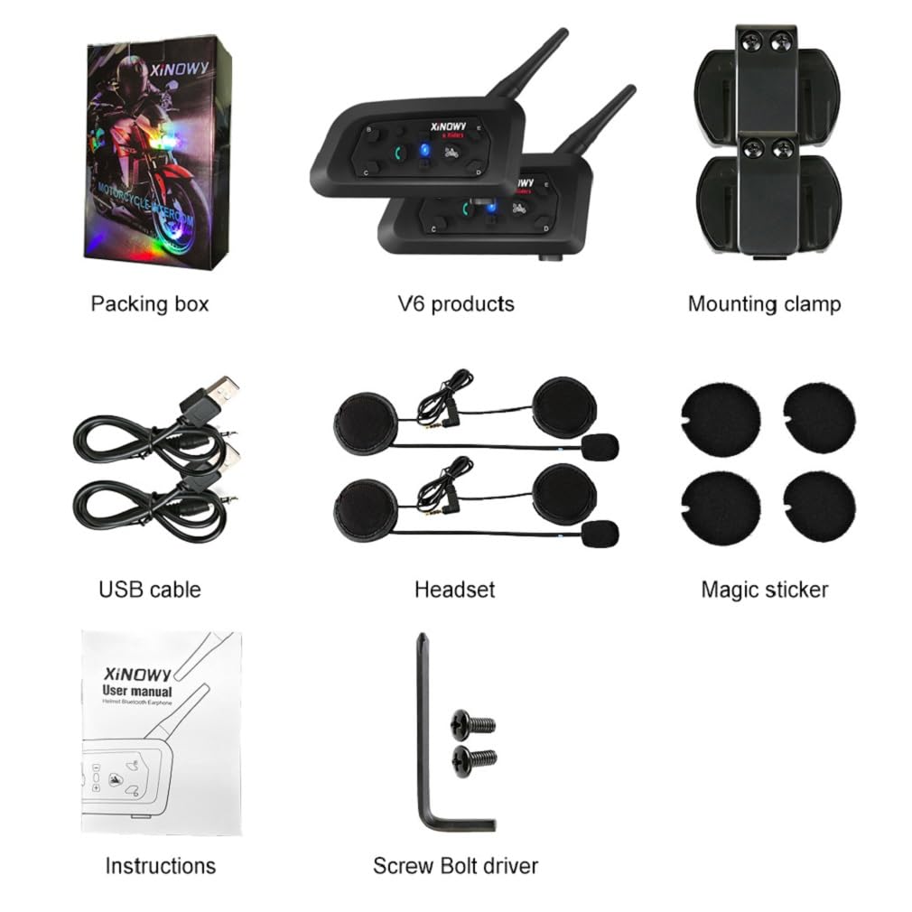 V6 PRO Interfono Moto, Kit Interfono per 2 Casco Auricolari con Cancellazione del Rumore, Distanza 1Km, Sistema di Comunicazione Moto Universale IP67 Impermeabile (Nero-Due)