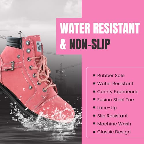 Image of Safety Girl Women's Work Boots | Water Resistant Leather Work Boots for Women | Oil & Slip-Resistant Soft Toe Boots for Women | Premium Nubuck Leather | Lightweight and Comfortable | Black Leather - 10M