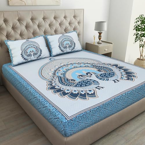 Image of JAIPUR PRINTS 100% Cotton Bedsheet for Double Size Bed Rajasthani Jaipuri Printed with 2 Pillow Covers 90x100 inch 235x215 cm (Blue)