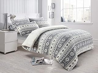 EHD Nordic Pattern Teddy Fleece Luxurious Grey Duvet Cover Sets Super Soft Warm Cosy Winter Season Bedding Sets (Single Duvet Set)