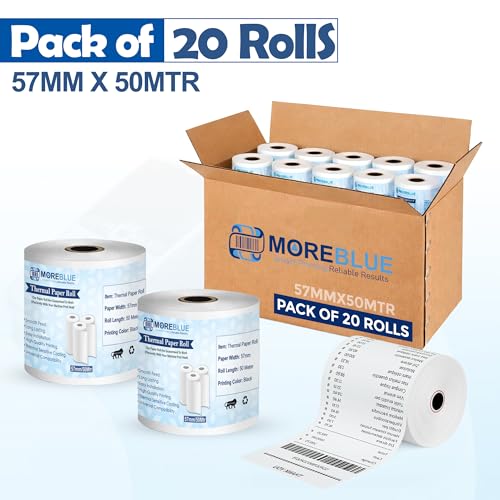 Image of MOREBLUE Thermal Paper /Billing Machine /POS Machine Rolls 2 inch- 57mm(Width) x 50 meter(Length), Ink Free Print for POS, Credit Card Machines, & Petrol Pumps Bill use Pack of 20