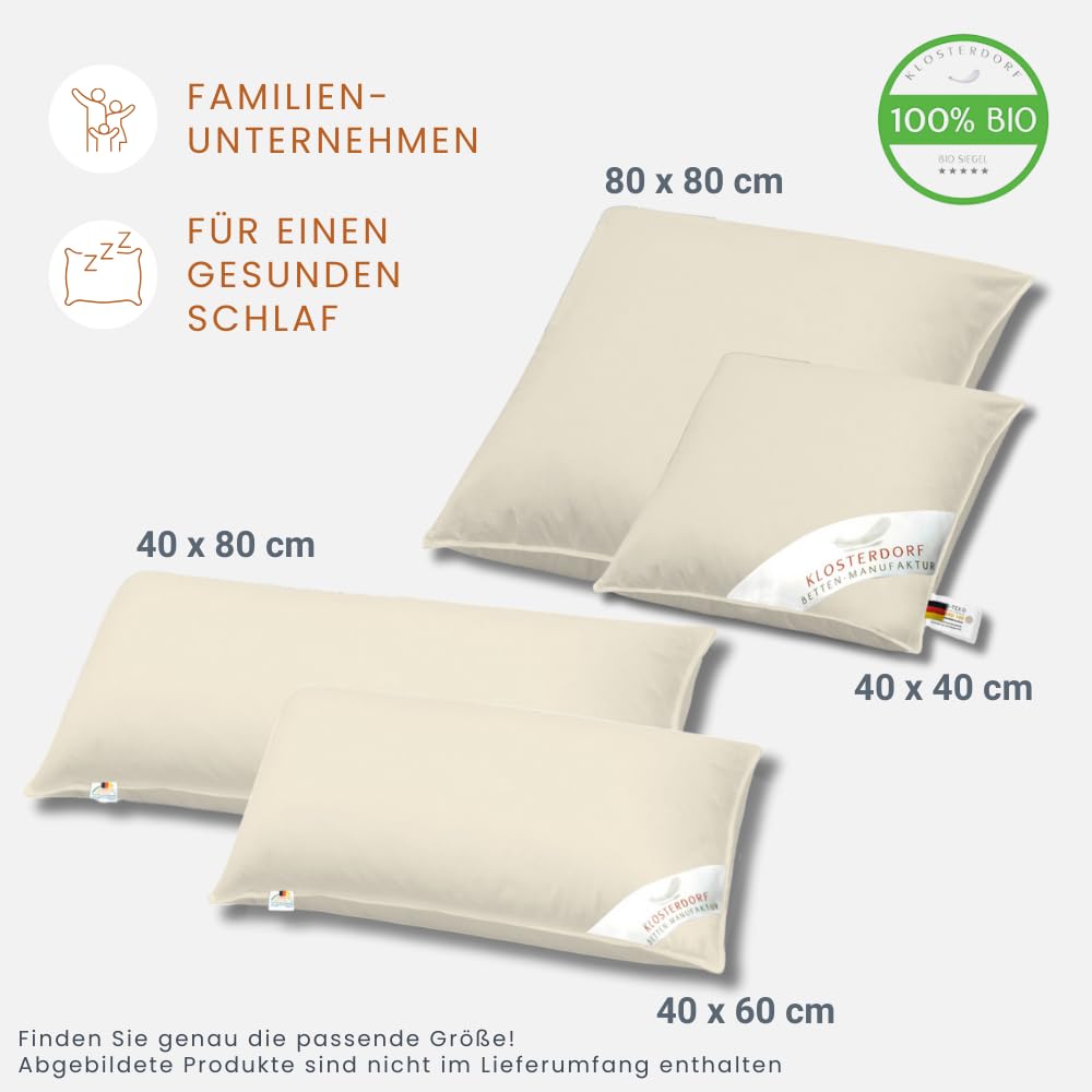 Klosterdorf Bettenmanufaktur Premium Bio Dreikammer Kopfkissen ''nobel'' - 40x80 cm - 500 Gramm - Handarbeit aus Deutschland - Für einen gesunden Schlaf - Daunenkopfkissen Daunenkissen Dreikammer