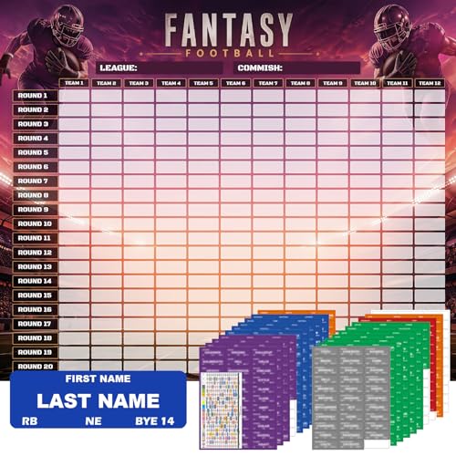 DLY Oasis Fantasy Football Draft Board 2026-2027 Kit 12 Teams 20 Rounds 600+ Player Labels & Blank Stickers Updated Rookies & Draft Schedule for Live Draft Parties