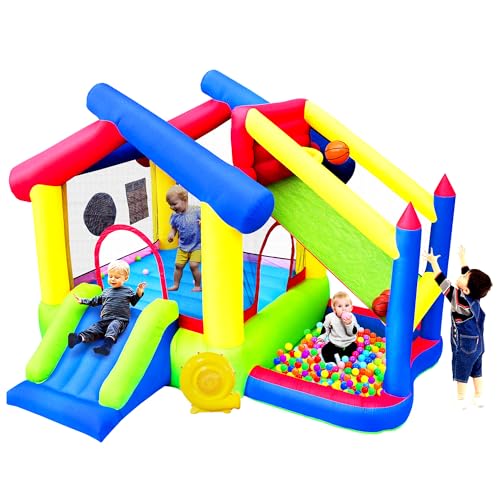 WELLFUNTIME Inflatable Bounce House with Slide, Jumping Castle with Blower and Ball Pool, Basketball...