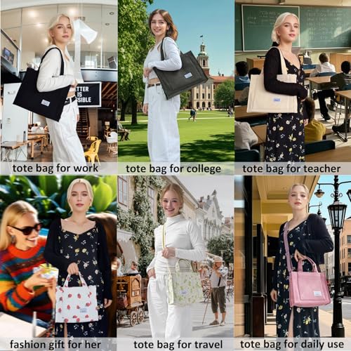 Image of UERRUAM Tote Bag for Women with Compartments,Corduroy Tote for Work Travel College Book Bag Women Purse Handbag Crossbody Bag
