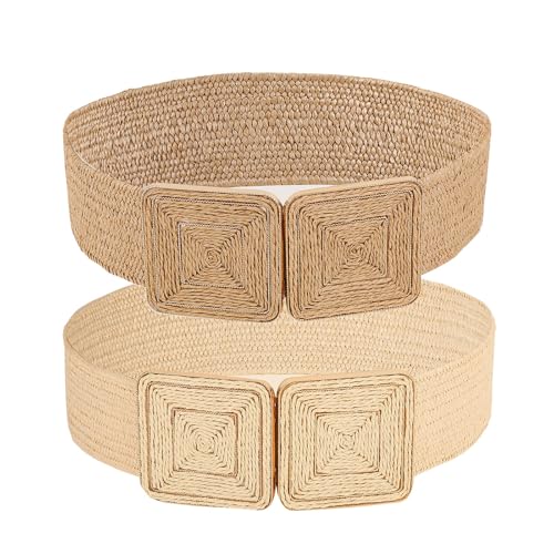 Raffia Stretchy Belt for Women, Symmetrical Buckle Straw Wide Woven Belt for Dress, Summer Elastic Waistband